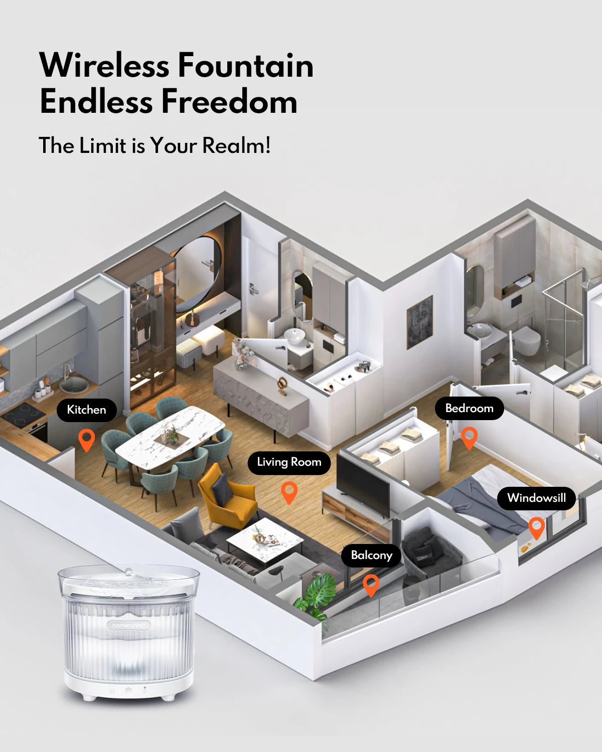 HomerunPet Wireless Pet Water Fountain - Chargeable Battery